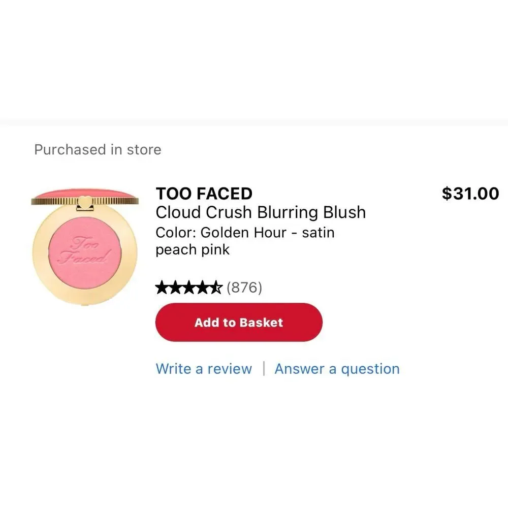 NWOB TOO‎ FACED CLOUD CRUSH BLUSH - SHADE GOLDEN HOUR